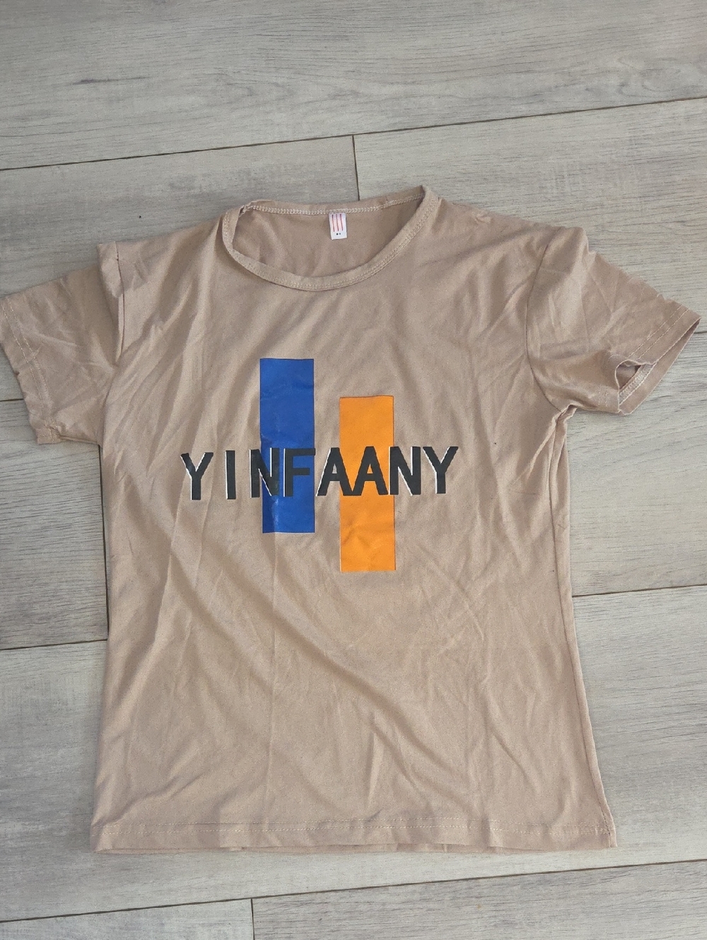 Beige Graphic Tee with Blue & Orange Blocks